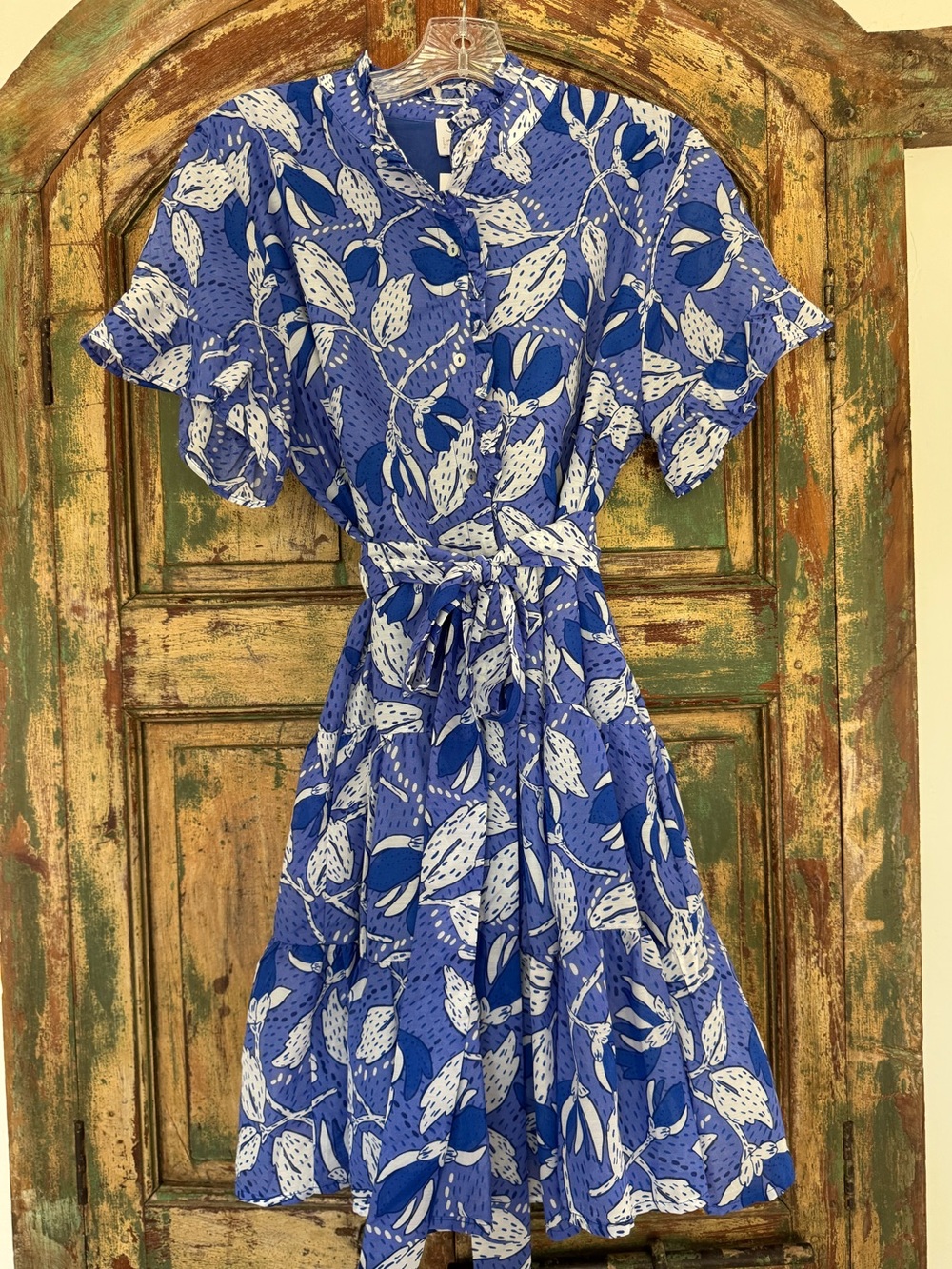 Blue Floral Tie-Belt Women’s Dress